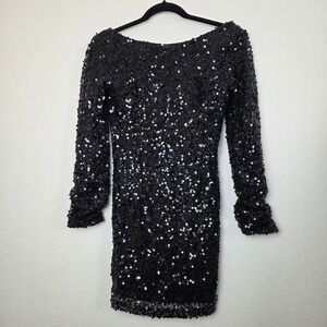 Red Clover Women Black Sequin Mini Dress Long‎ Sleeve Scoop Back Size L